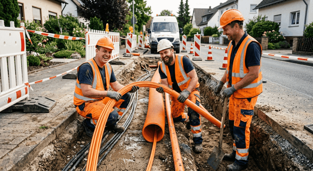 Glückliche Handwerker Glasfaser-Tiefbau – Fortschritte in Deutschland